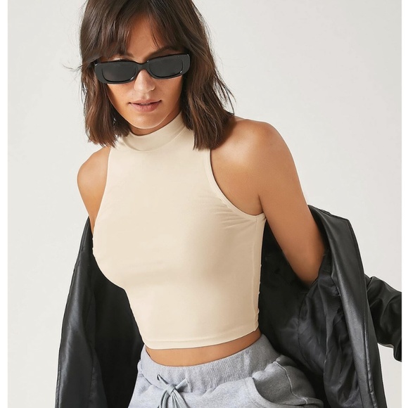 Rouge! Tops - High Neck Beige Crop Tank Top Rib Knit